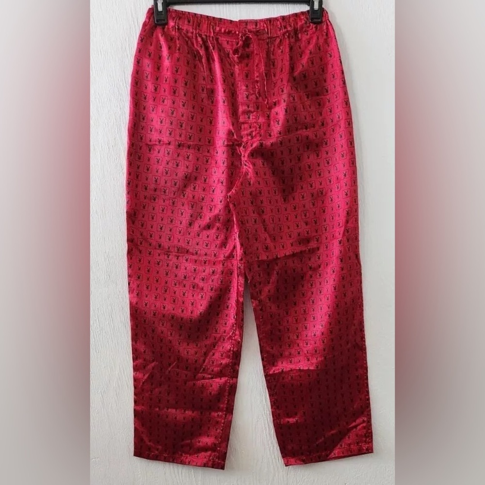 Playboy Lounge Pajama Pants Red Black Bunny Logo Drawstring Satin Mens Medium